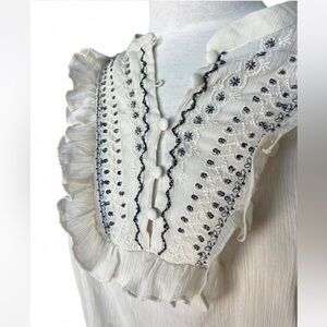Zara Ecru and Black Romantic Embroidered Sheer Ruffled Blouse. Size Large